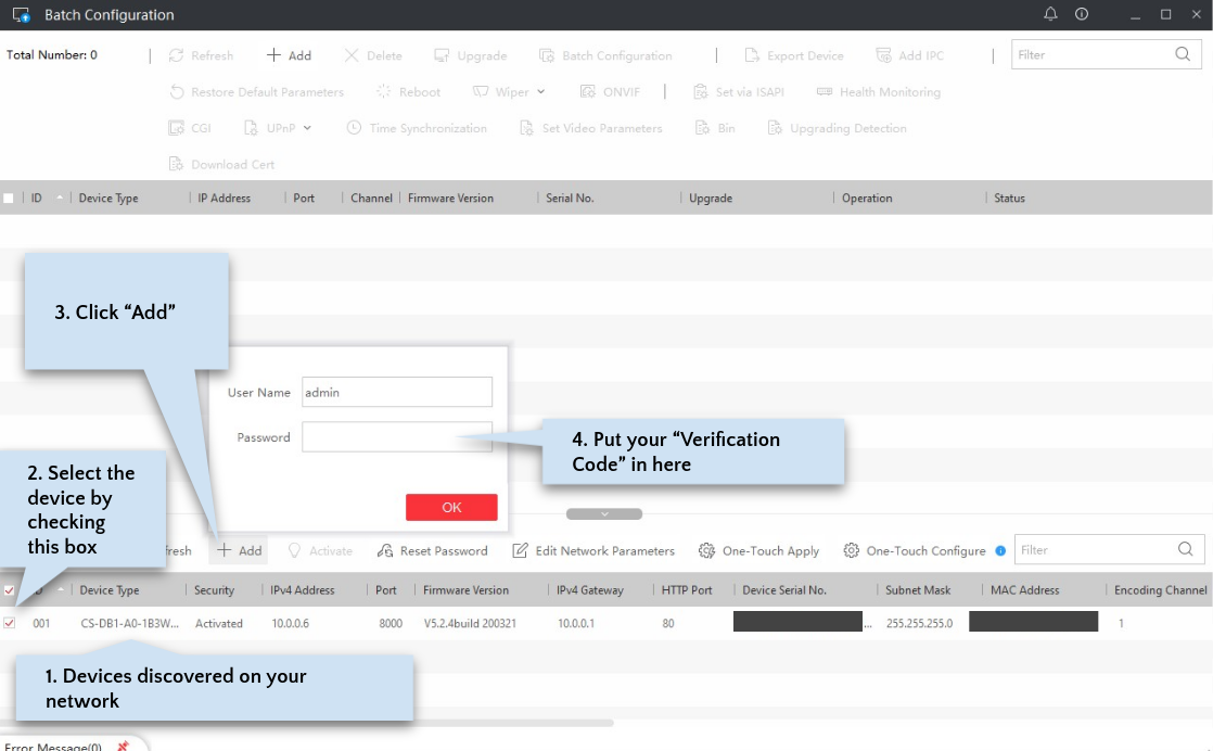 "Adding" the device in the Batch Configuration Tool