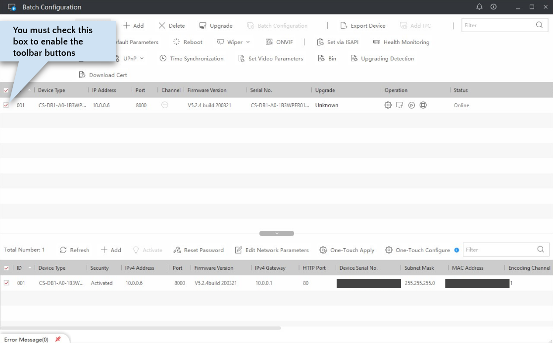 Select the camera by checking the box to enable the toolbar.