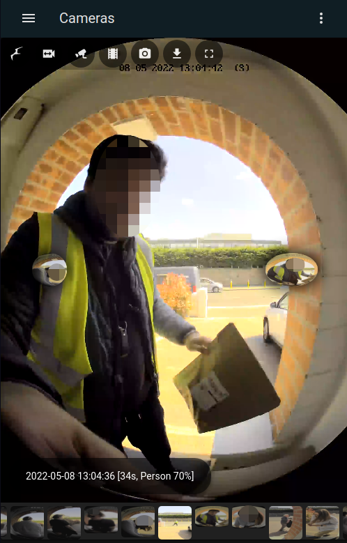 Frigate Hass Card displaying doorbell events in Home Assistant with thumbnails and object recognition
